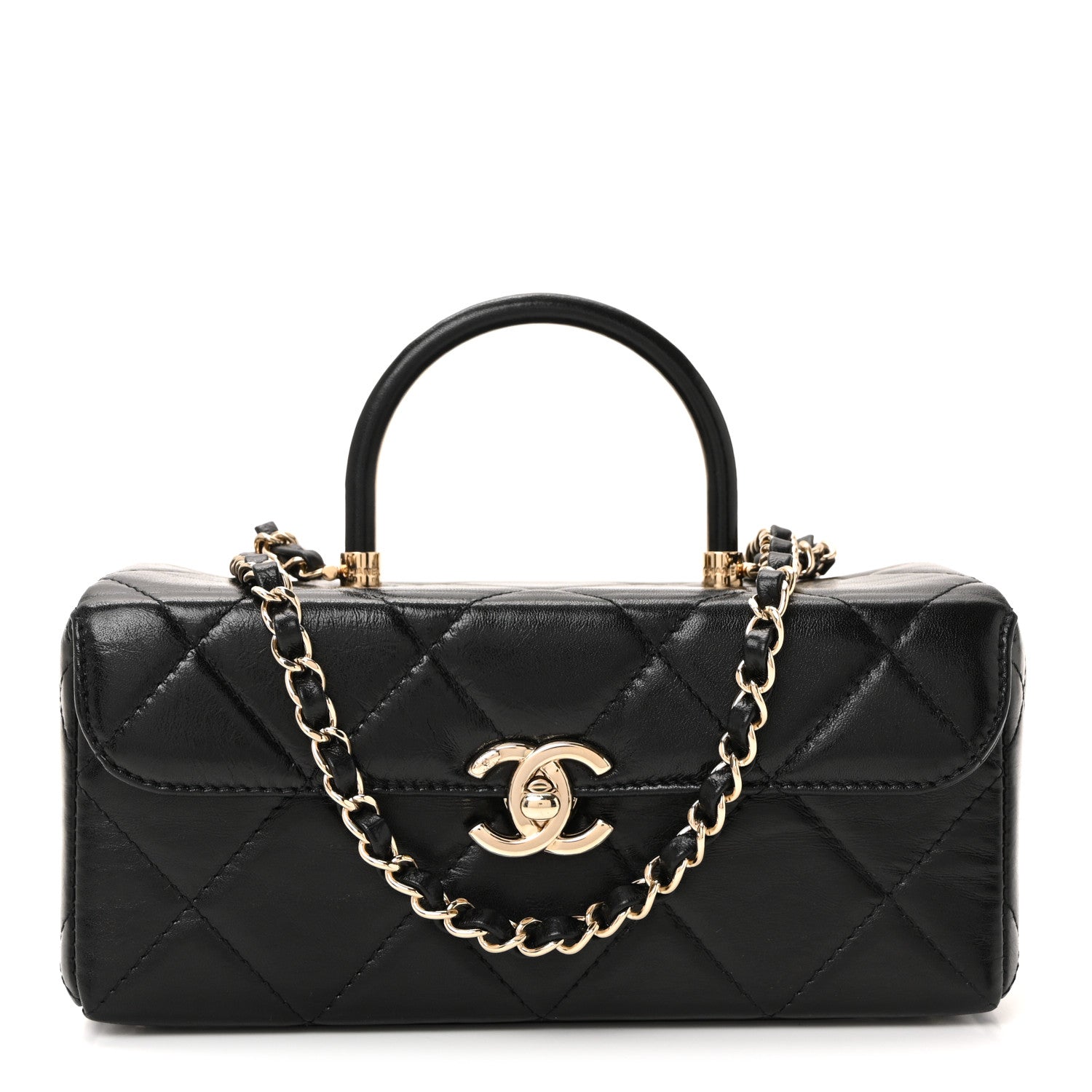 Chanel Shiny Calfskin Quilted Top Handle Box Bag Black