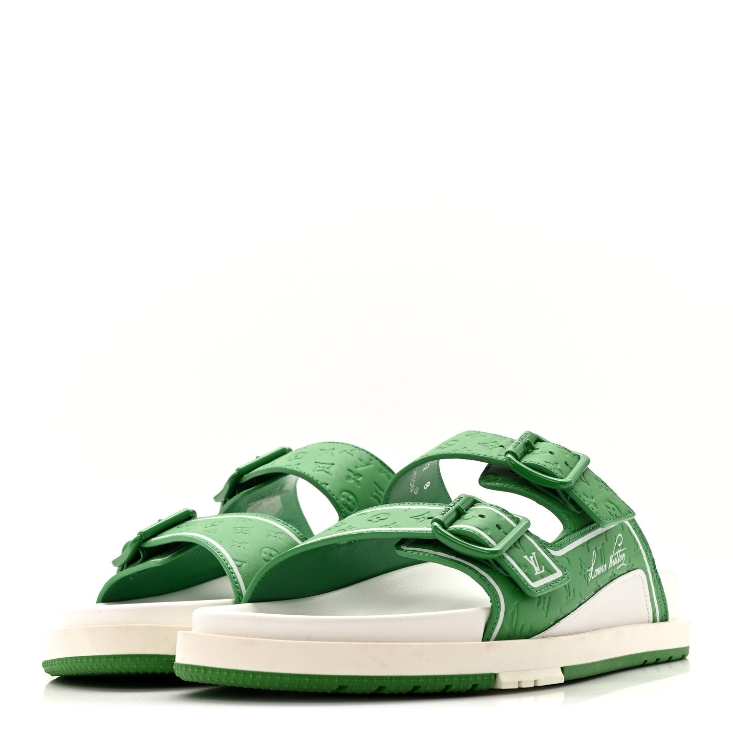 Louis Vuitton Calfskin Embossed Mens Script Trainer Mules 8 Green White