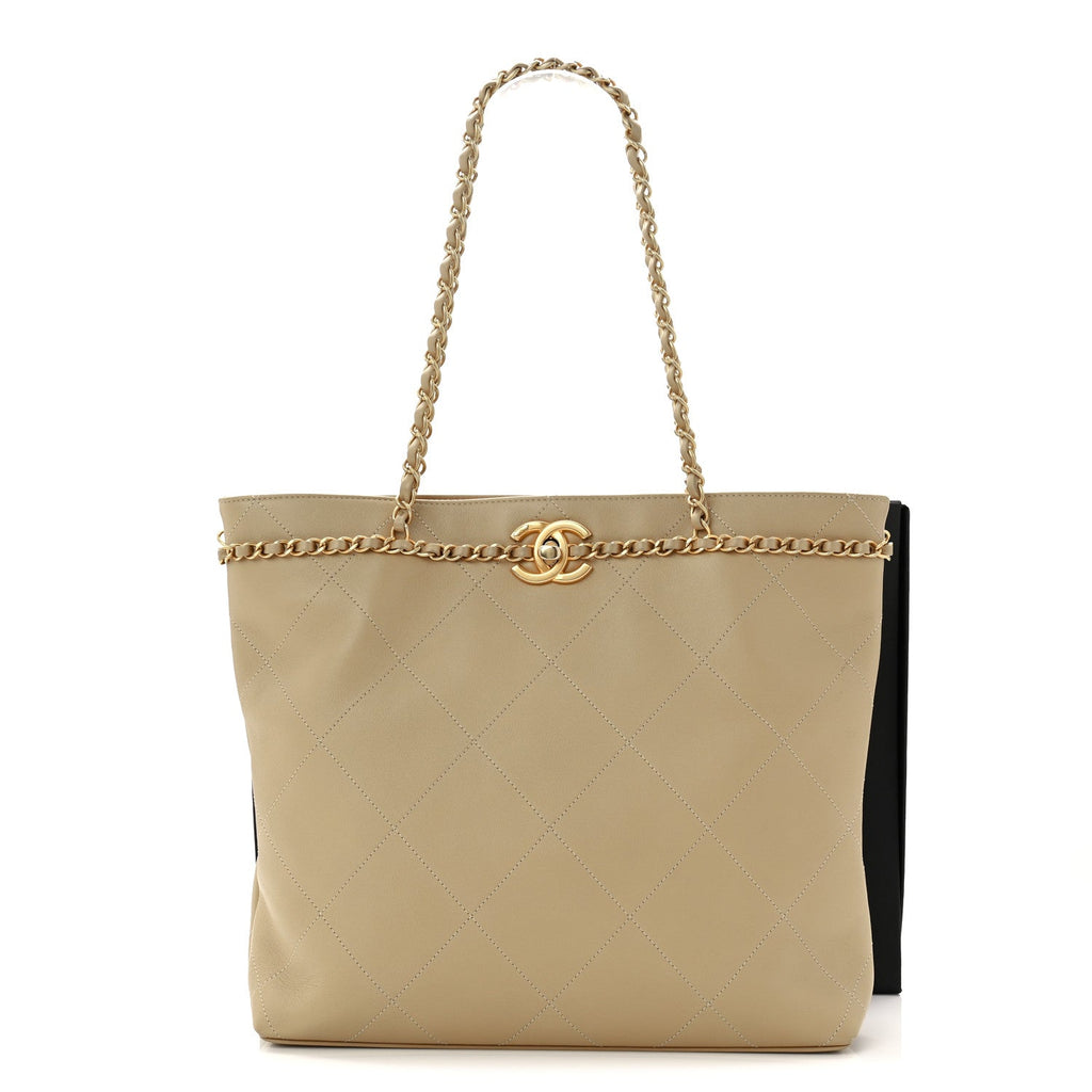 Chanel Calfskin Stitched Small Shopping Tote Dark Beige