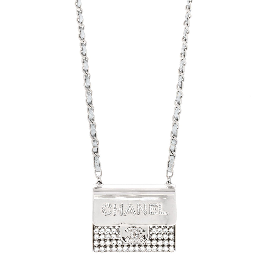 Metal Lambskin Strass Crystal Purse CC Long Necklace Silver