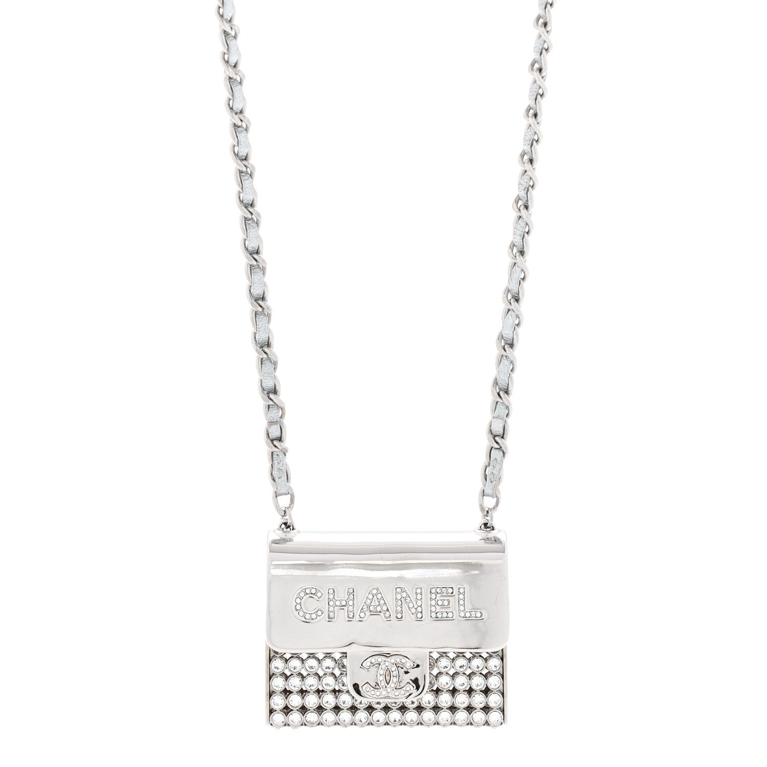 Metal Lambskin Strass Crystal Purse CC Long Necklace Silver