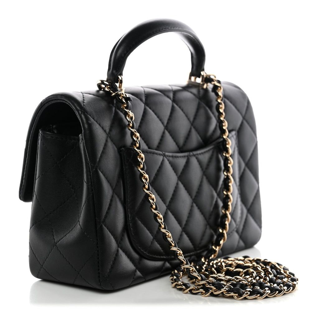 Chanel Lambskin Quilted Mini Top Handle Rectangular Flap Black