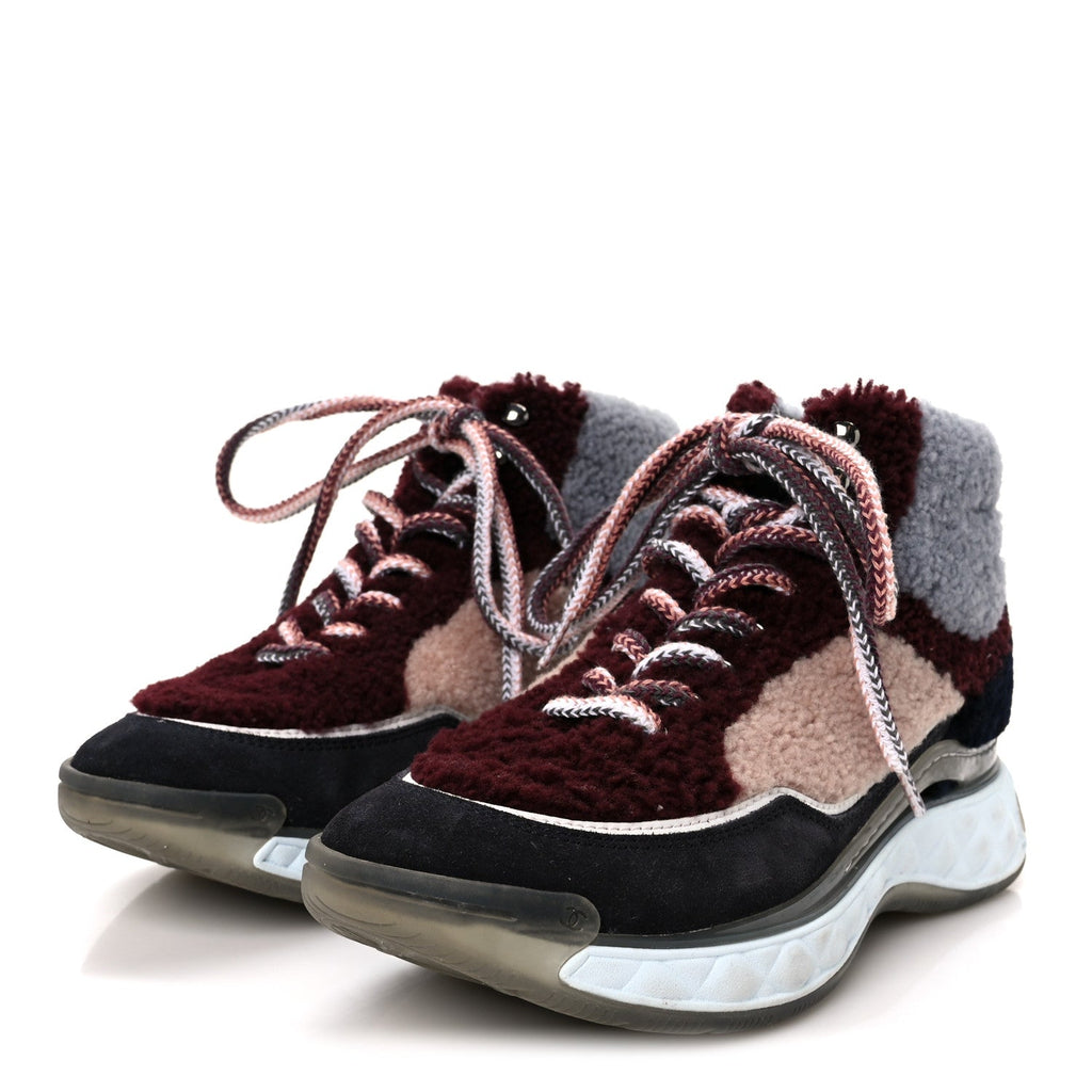 Chanel Shearling Suede CC High Top Sneakers 39 Grey Pink Burgundy