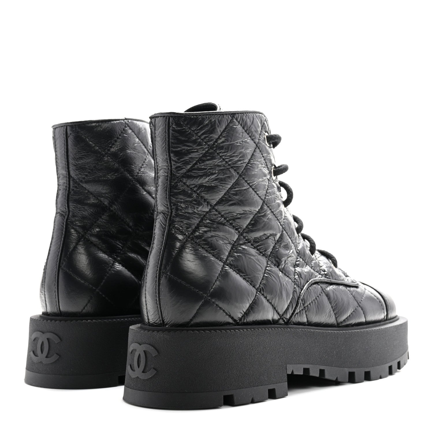 Crumpled Lambskin Quilted Platform Lace Up Combat Boots 39 Black