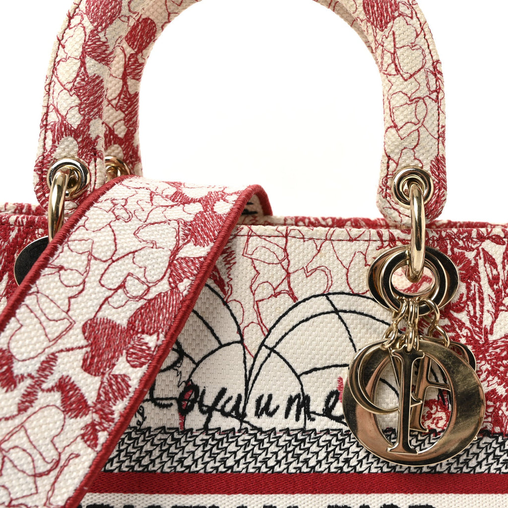 Christian Dior Canvas Embroidered Medium Dioramour D-Royaume Lady D-Lite Red Multicolor