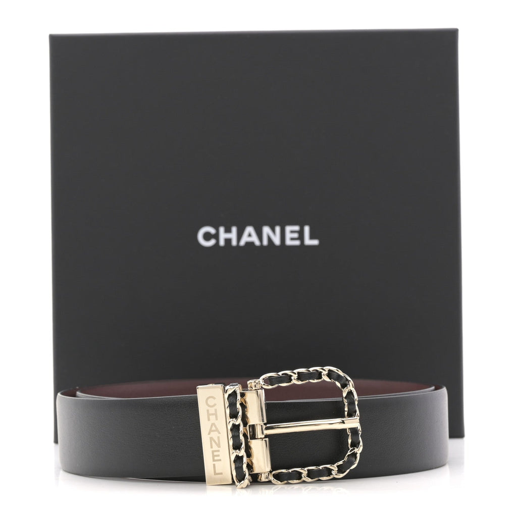 Calfskin Lambskin Metal Chain Reversible Belt 80 32 Black Burgundy