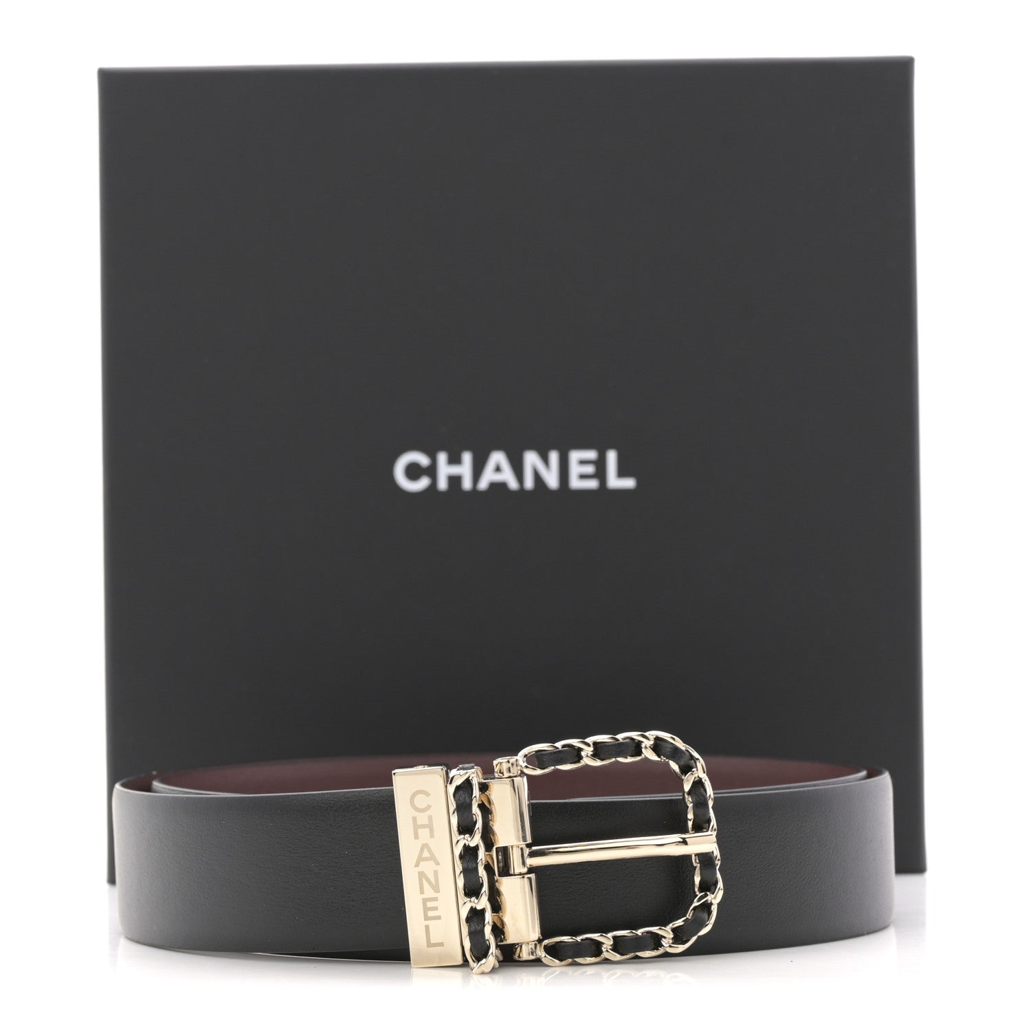 Calfskin Lambskin Metal Chain Reversible Belt 80 32 Black Burgundy