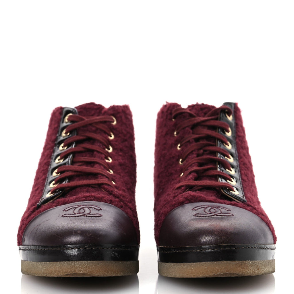 Chanel Tweed Calfskin Patent CC Lace Up Short Boots 39 Burgundy