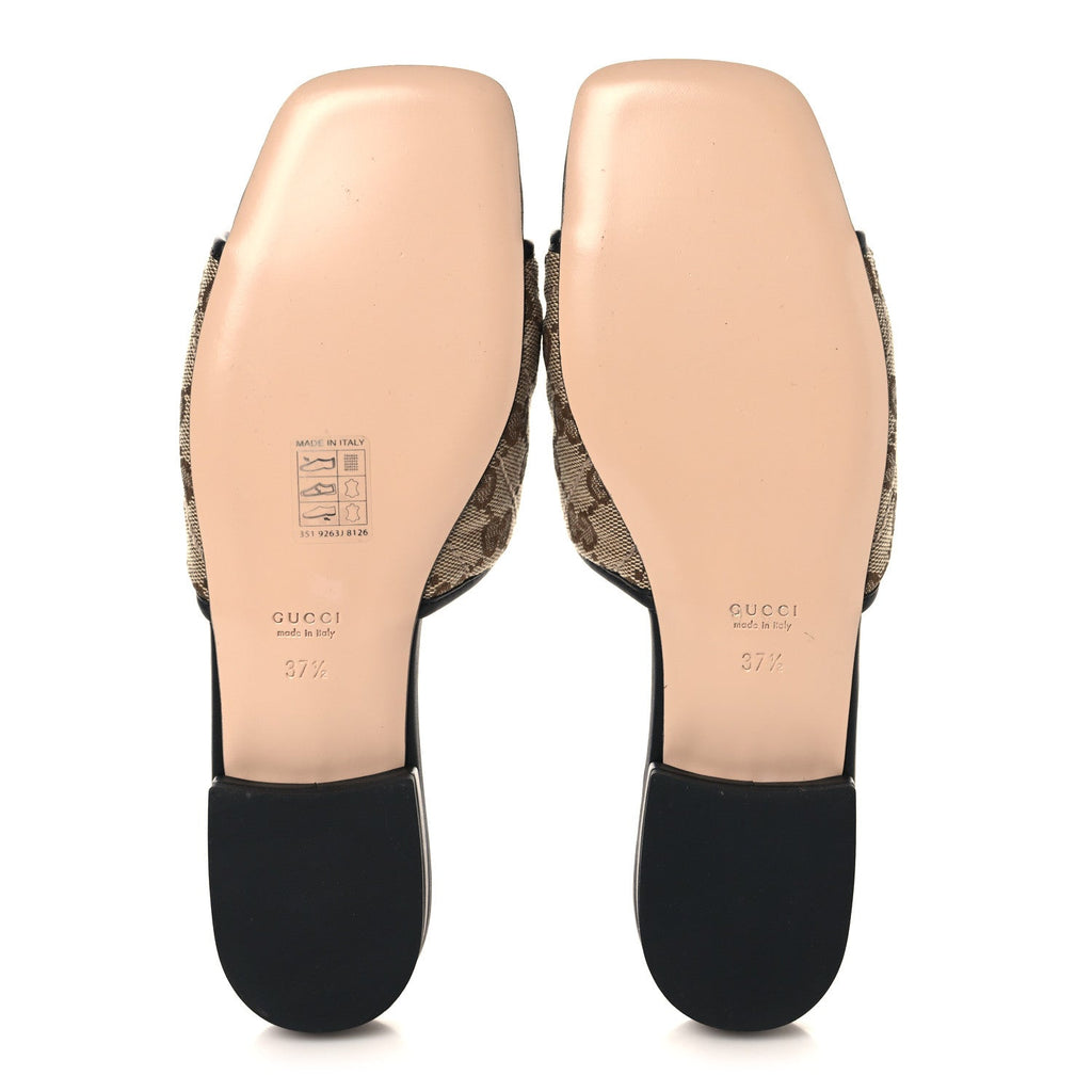 Gucci Monogram Matelasse Diagonal GG Marmont Flat Slide Sandals 37.5 Beige Ebony Black