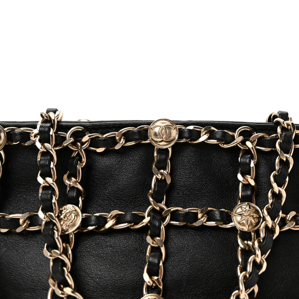 Chanel Lambskin Chain Frame Medallion Shoulder Bag Black