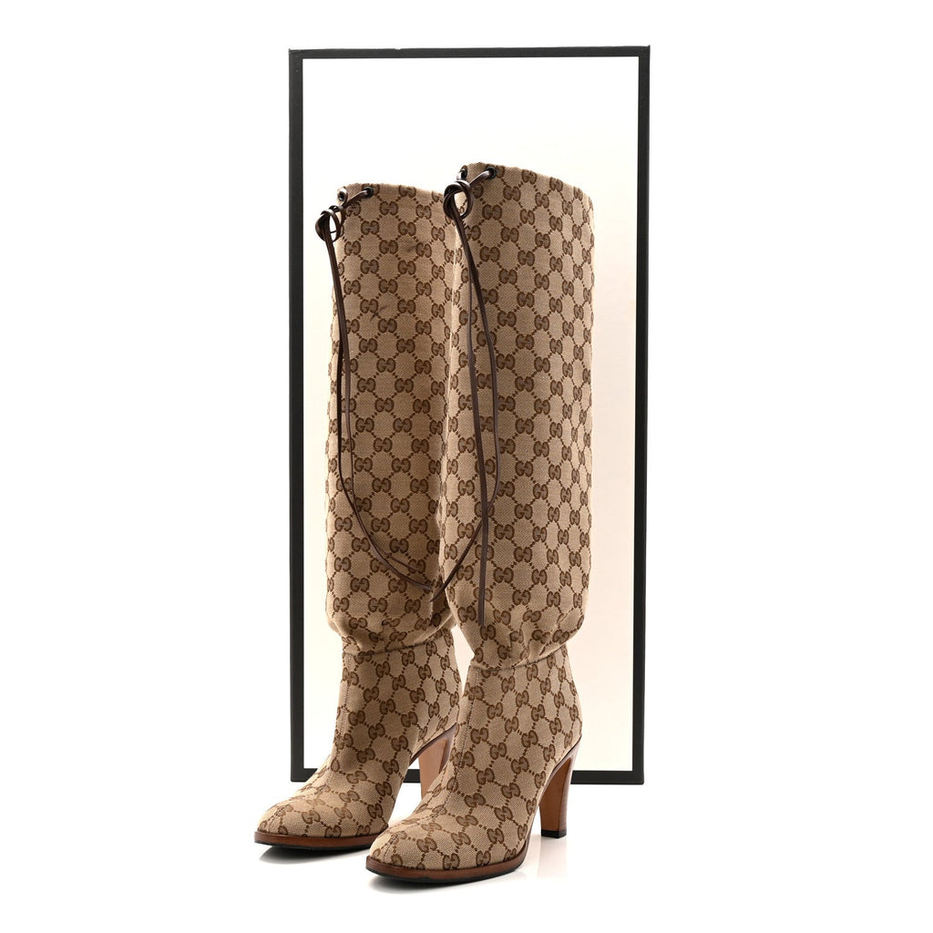 Gucci Monogram Malaga Kid Lisa Mid Heel Boots 37.5 Beige Ebony