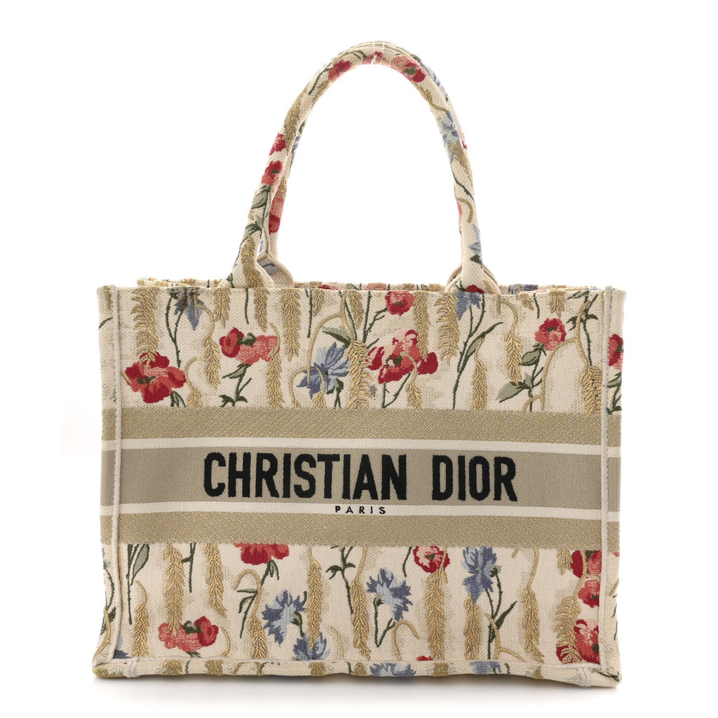 Christian Dior Canvas Embroidered Medium Hibiscus Book Tote Beige Multicolor