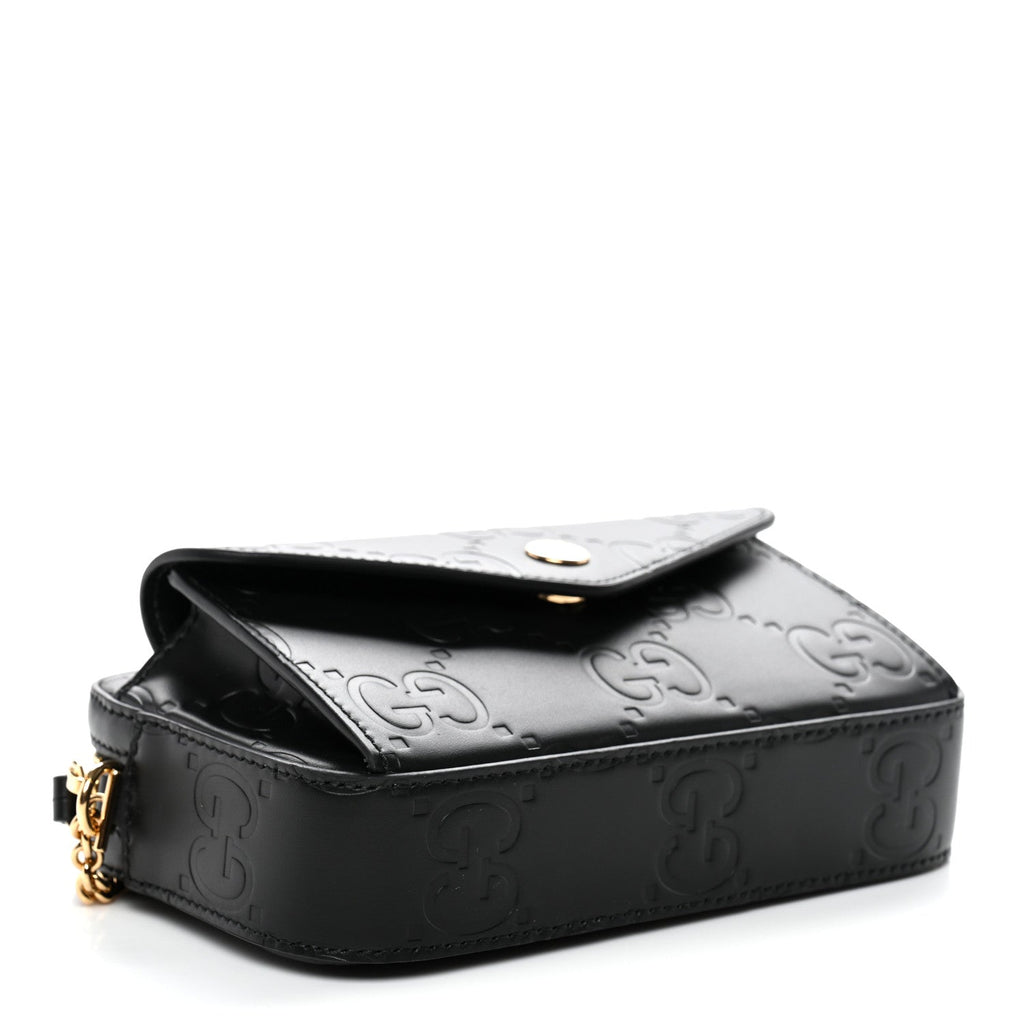 Gucci Calfskin GG Super Mini Debossed Chain Wallet Black