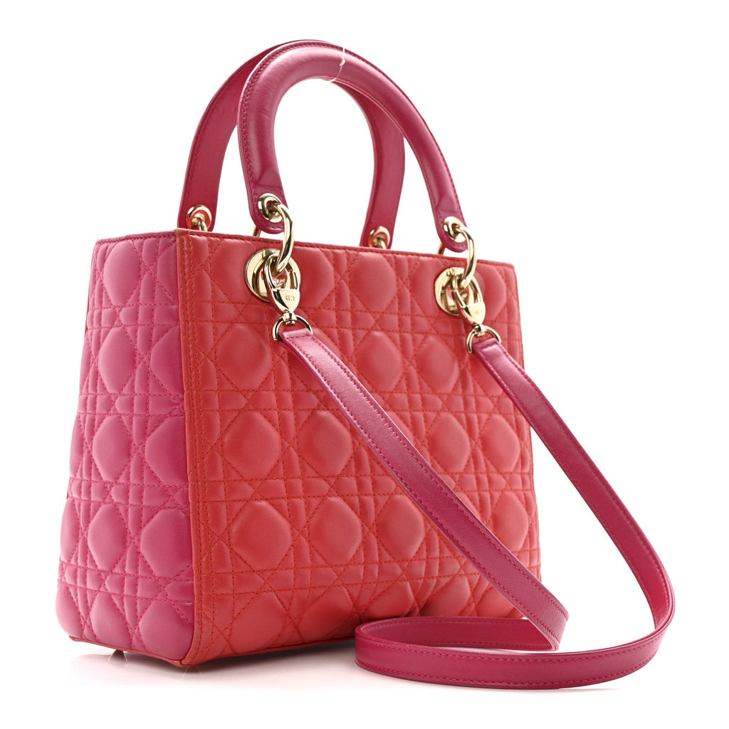 Christian Dior Lambskin Cannage Medium Bi-Color Lady Dior Orange Fuchsia