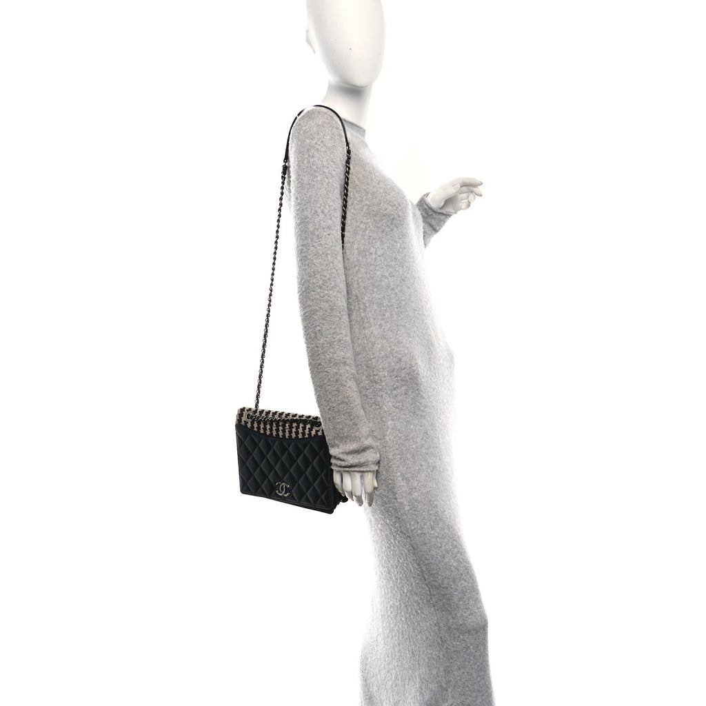 Chanel Tweed Calfskin Quilted Ballerine Flap Black Navy Beige