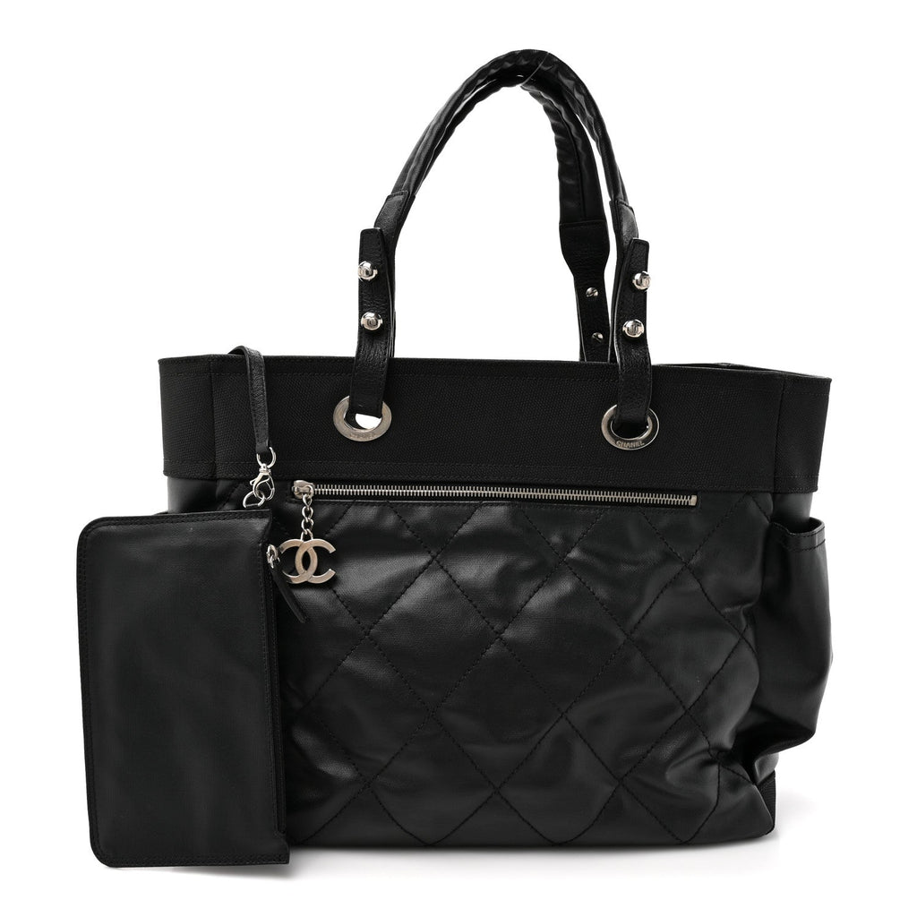 Chanel Coated Canvas Quilted Large Paris Biarritz Tote Black