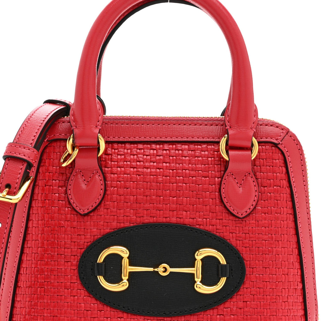 Gucci Straw Azalea Calfskin Woven Mini Horsebit 1955 Top Handle Bag Coral Wave Black