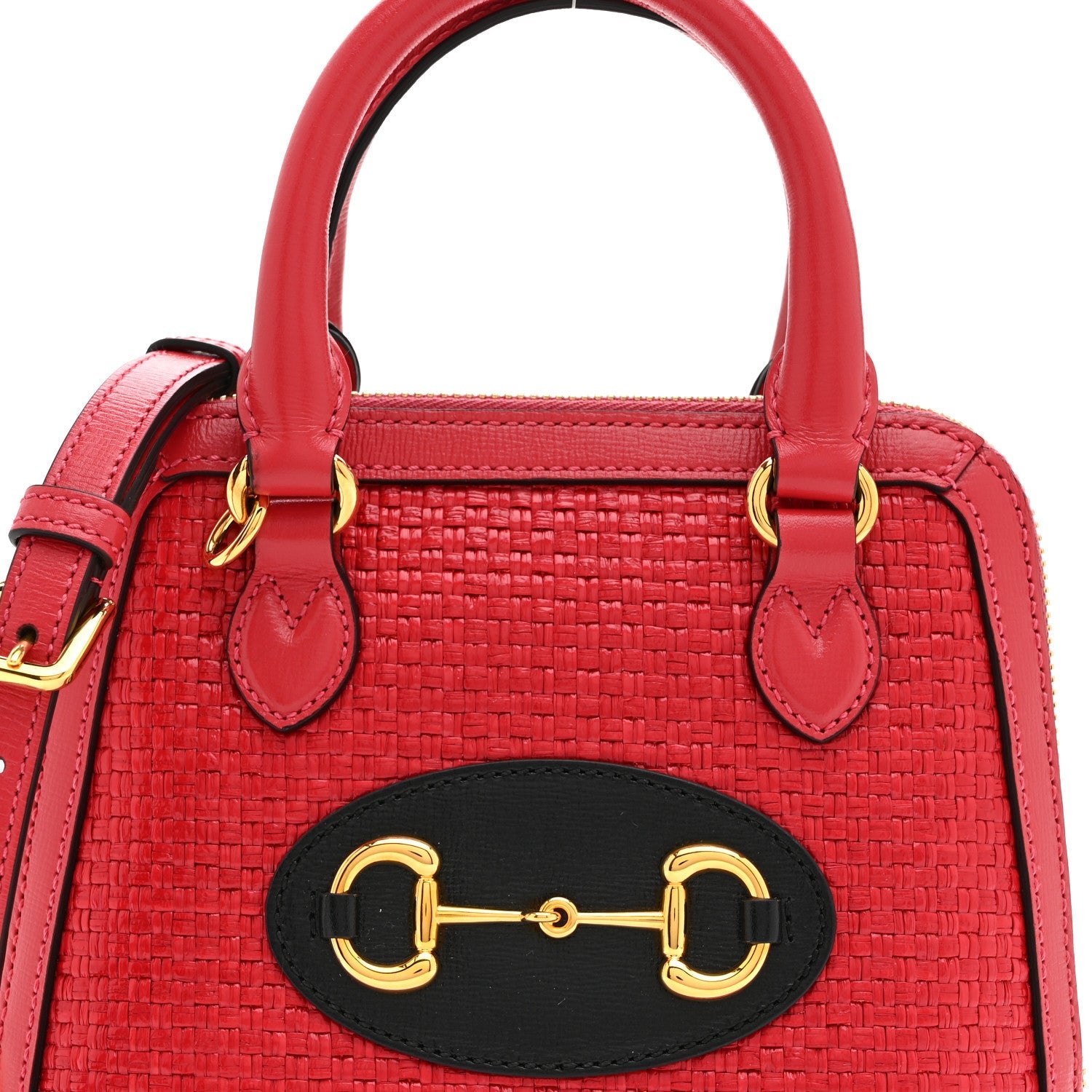 Gucci Straw Azalea Calfskin Woven Mini Horsebit 1955 Top Handle Bag Coral Wave Black