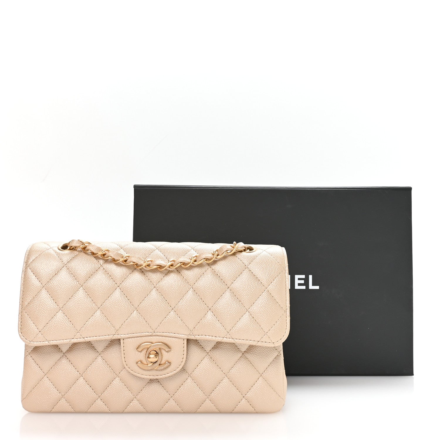 Chanel Metallic Caviar Quilted Small Double Flap Beige