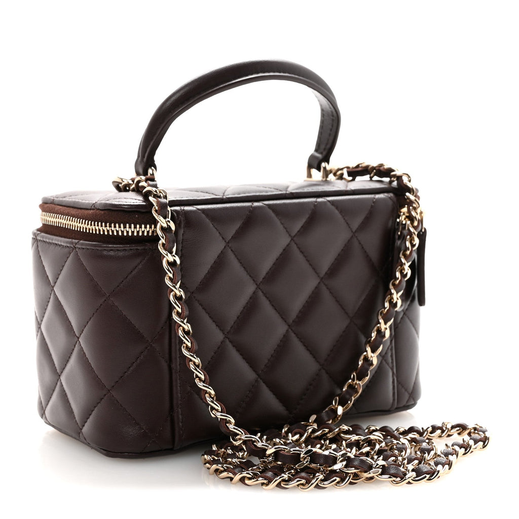 Chanel Lambskin Quilted Small Top Handle Vanity Case With Chain Dark Brown
