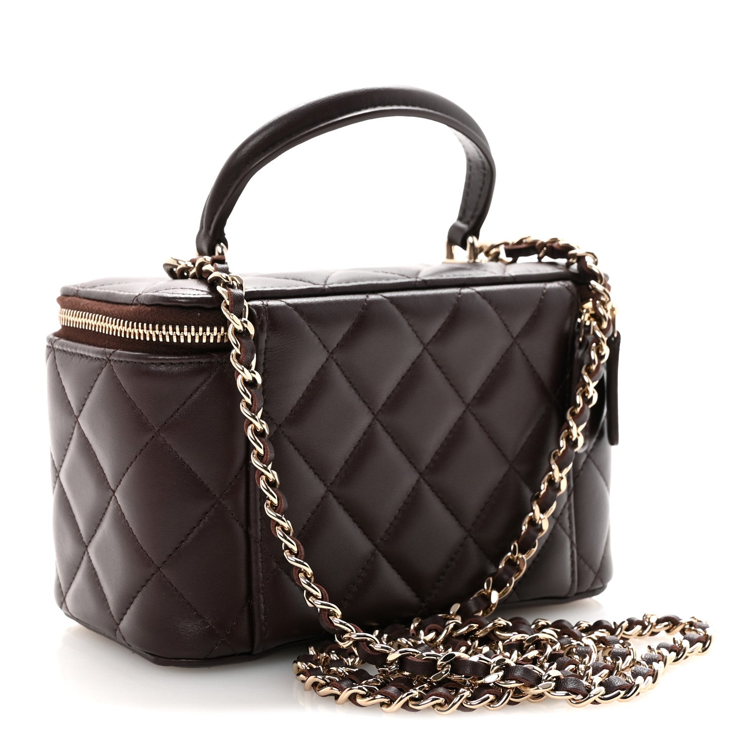 Chanel Lambskin Quilted Small Top Handle Vanity Case With Chain Dark Brown