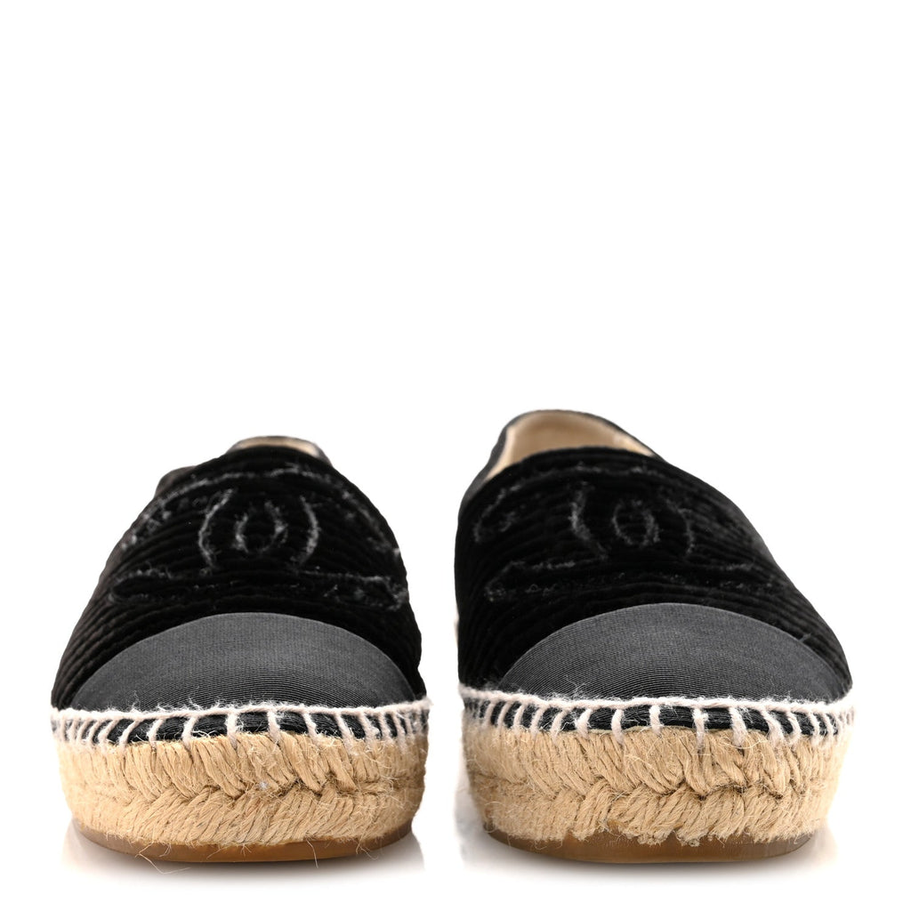 Chanel Velvet Grosgrain Quilted CC Espadrilles 35 Black