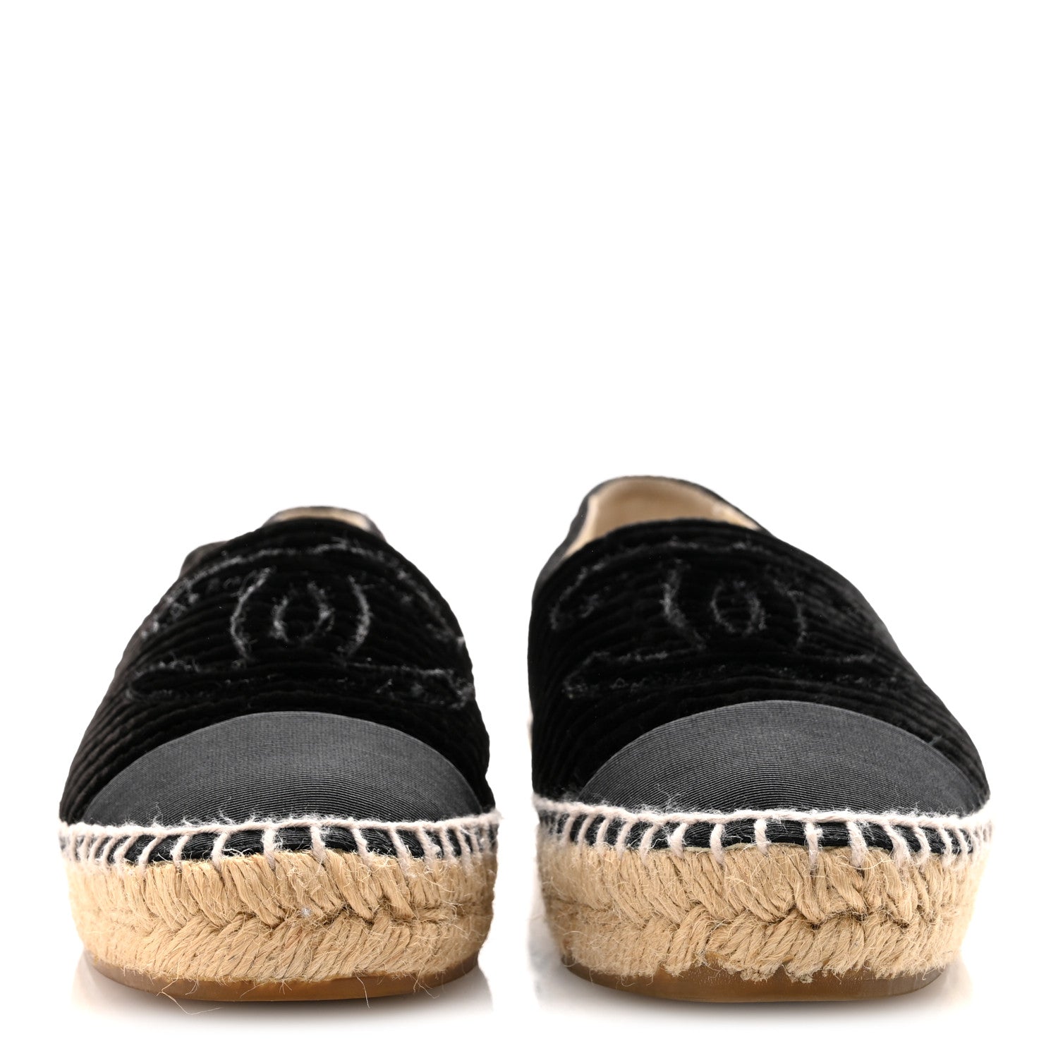 Chanel Velvet Grosgrain Quilted CC Espadrilles 35 Black