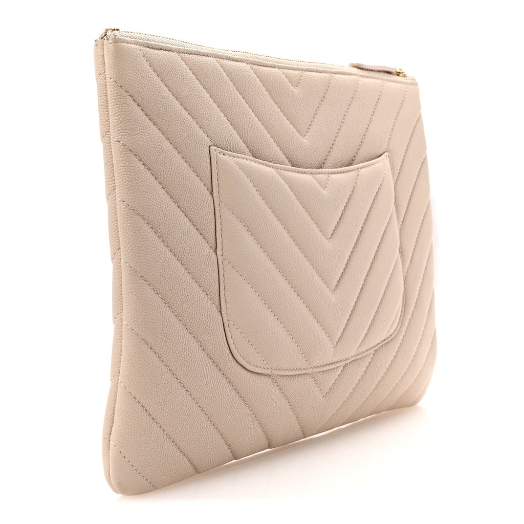 Caviar Chevron Quilted Medium Zip Pouch Light Beige