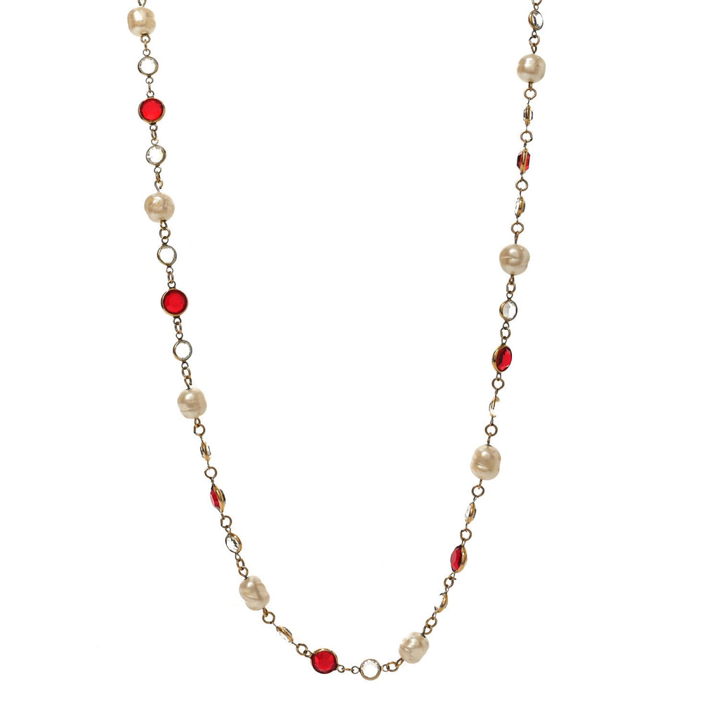 Crystal Pearl Chicklet Sautoir Necklace Red Gold