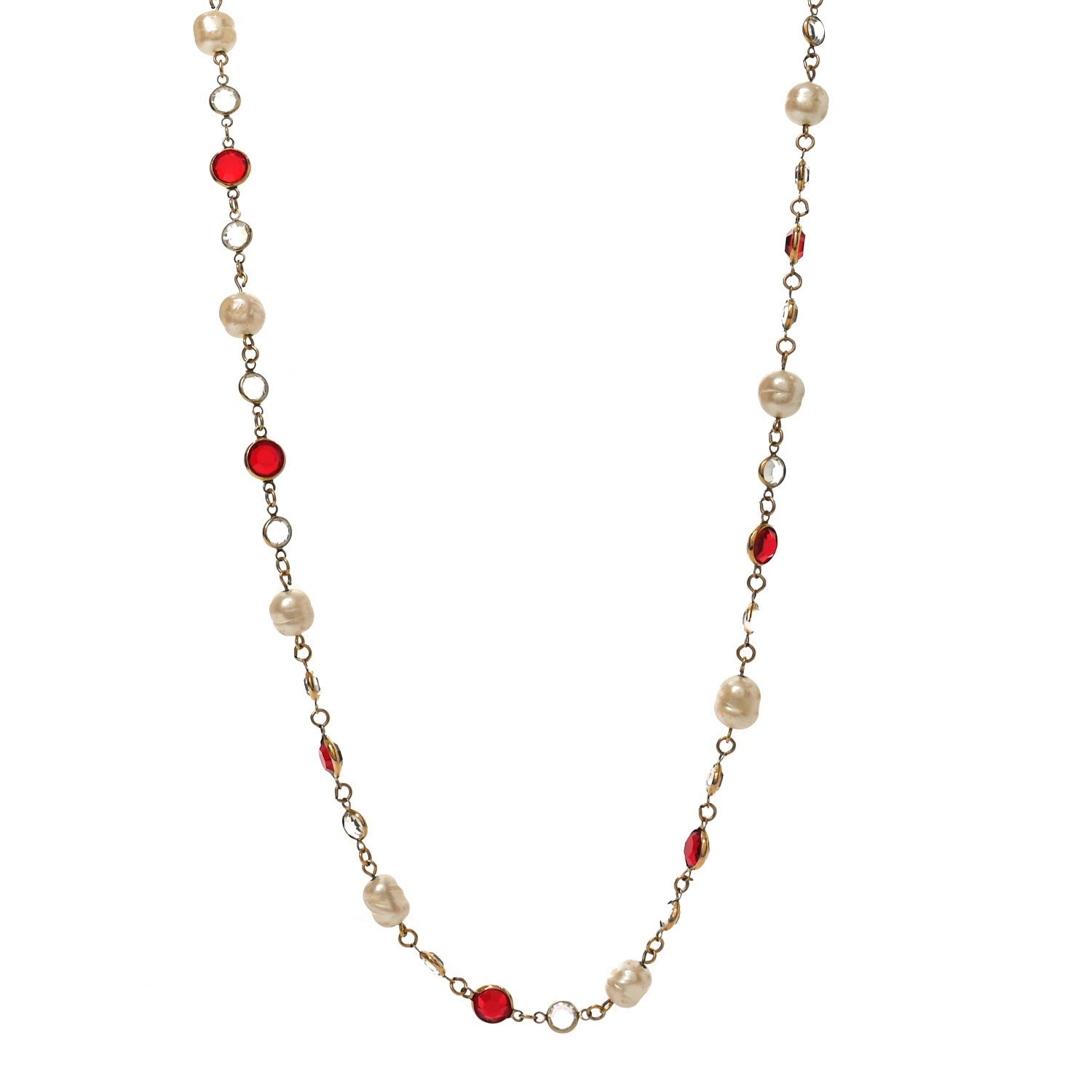 Crystal Pearl Chicklet Sautoir Necklace Red Gold
