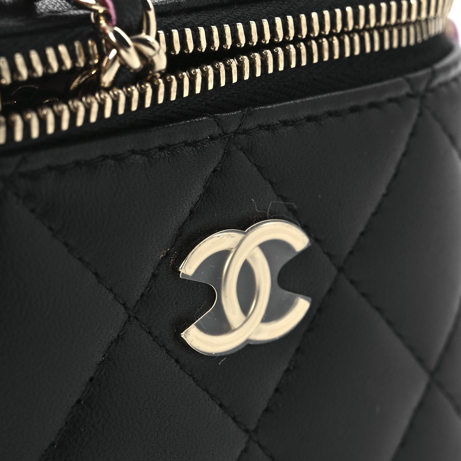 Chanel Lambskin Quilted Top Handle Mini Vanity Case With Chain Black Pink