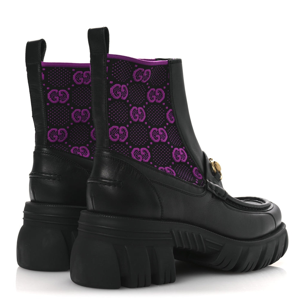 Gucci Quebec Calfskin Technical Jersey Knit GG Monogram Horsebit Ankle Boots 42 Black Fucsia