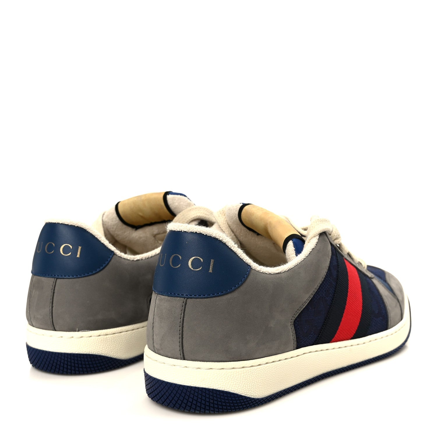 Gucci Suede GG Monogram Calfskin Web Mens Screener Sneakers 9 Grey Blue Red