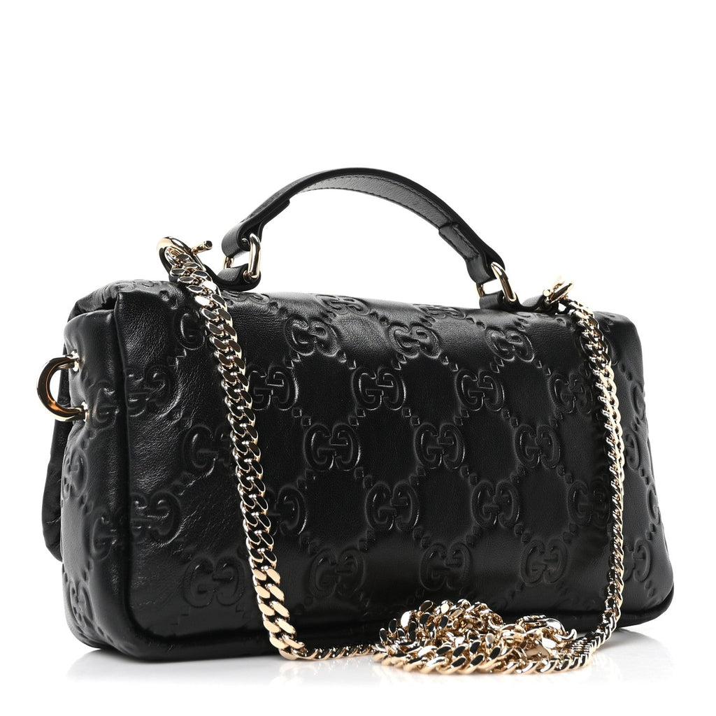 Gucci Lambskin Embossed Mini GG Milano Top Handle Shoulder Bag Black