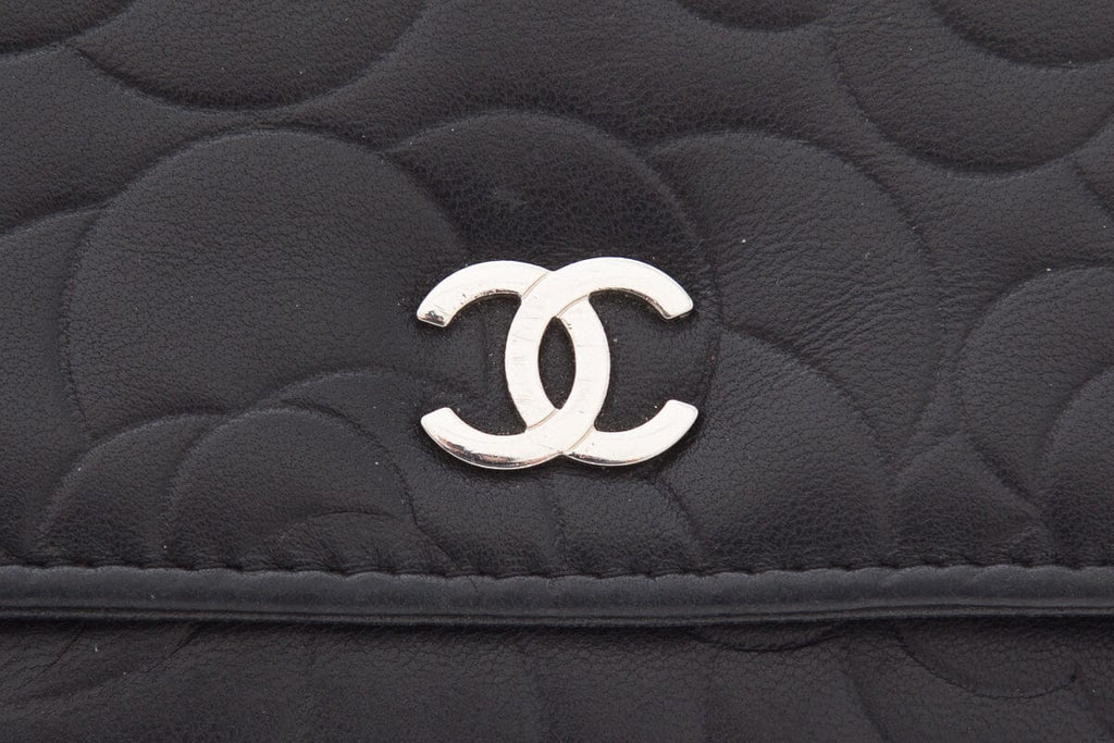 Chanel Black Calfskin Camellia Embossed Leather Cross-Body