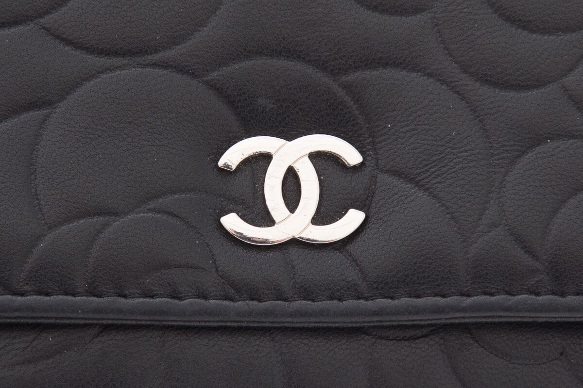 Chanel Black Calfskin Camellia Embossed Leather Cross-Body