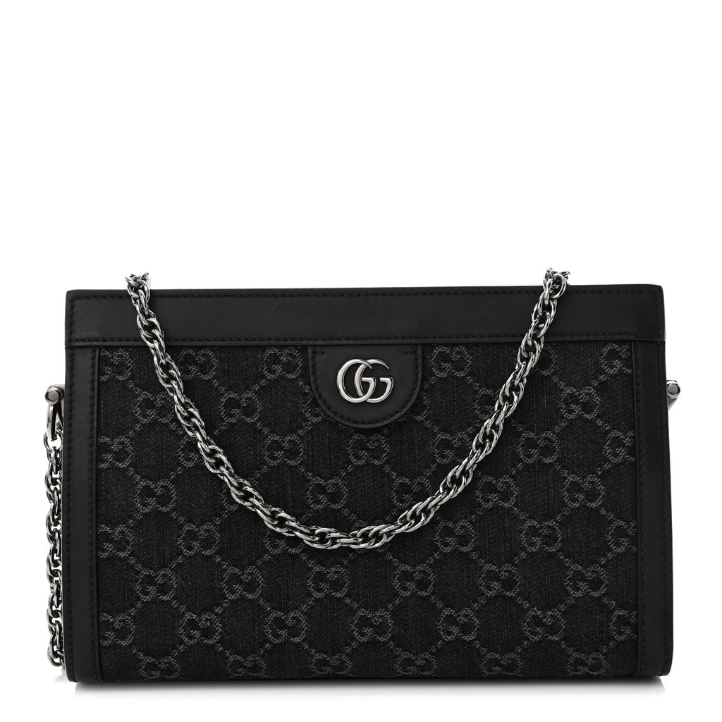 Gucci Jacquard Black Denim GG Monogram Chain Shoulder Bag Black Ivory