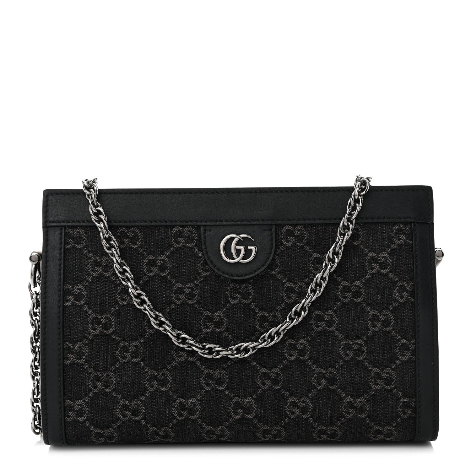 Gucci Jacquard Black Denim GG Monogram Chain Shoulder Bag Black Ivory