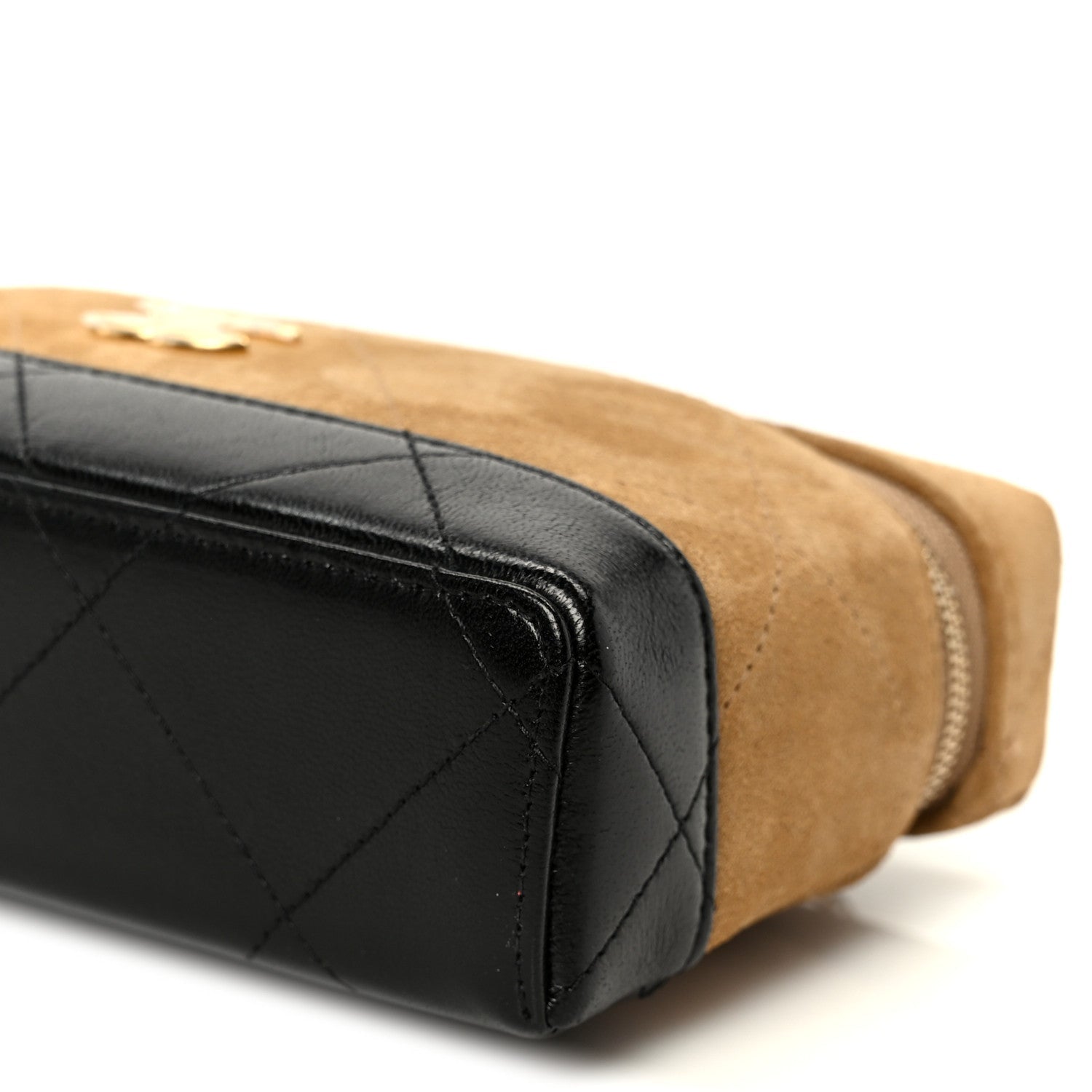 Chanel Suede Calfskin Shiny Lambskin Stitched Top Handle Slim Vanity Case With Chain Beige Black