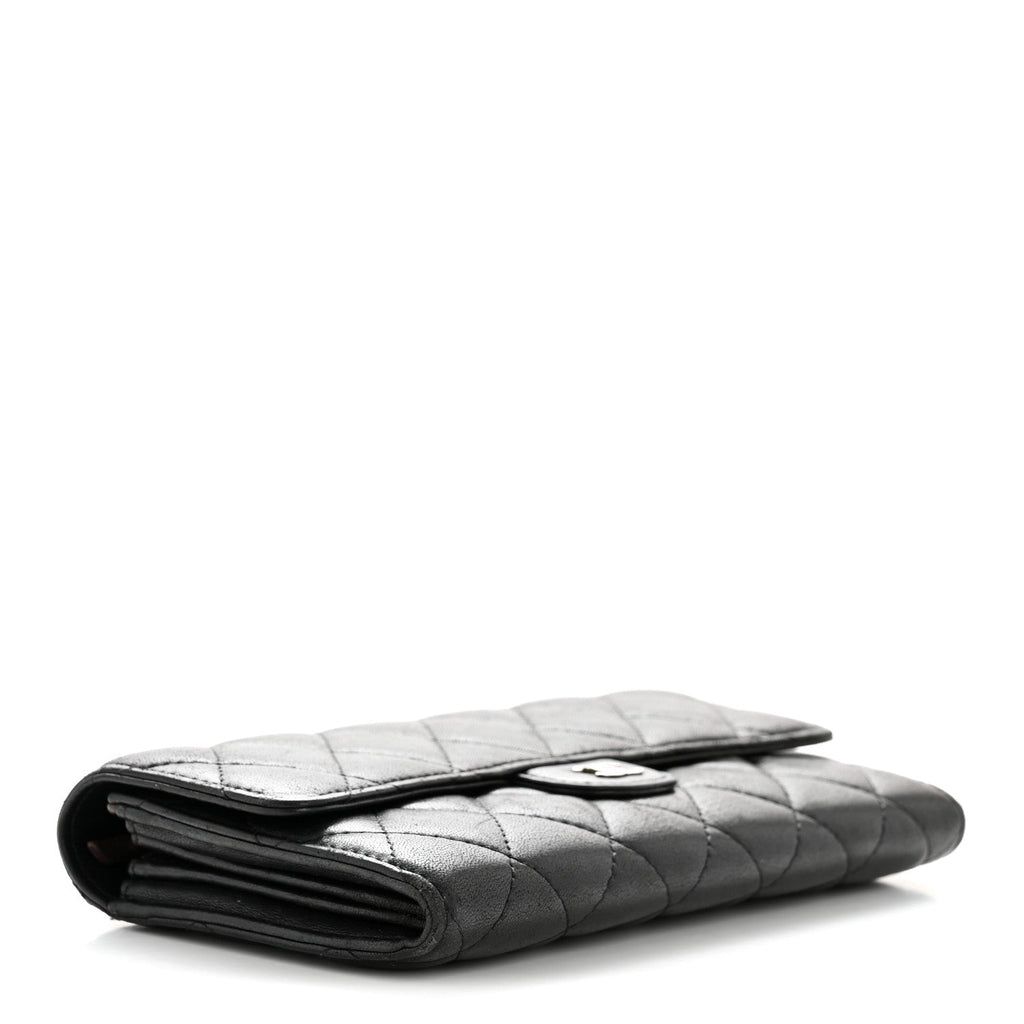 Lambskin Quilted Large Gusset Flap Wallet Black