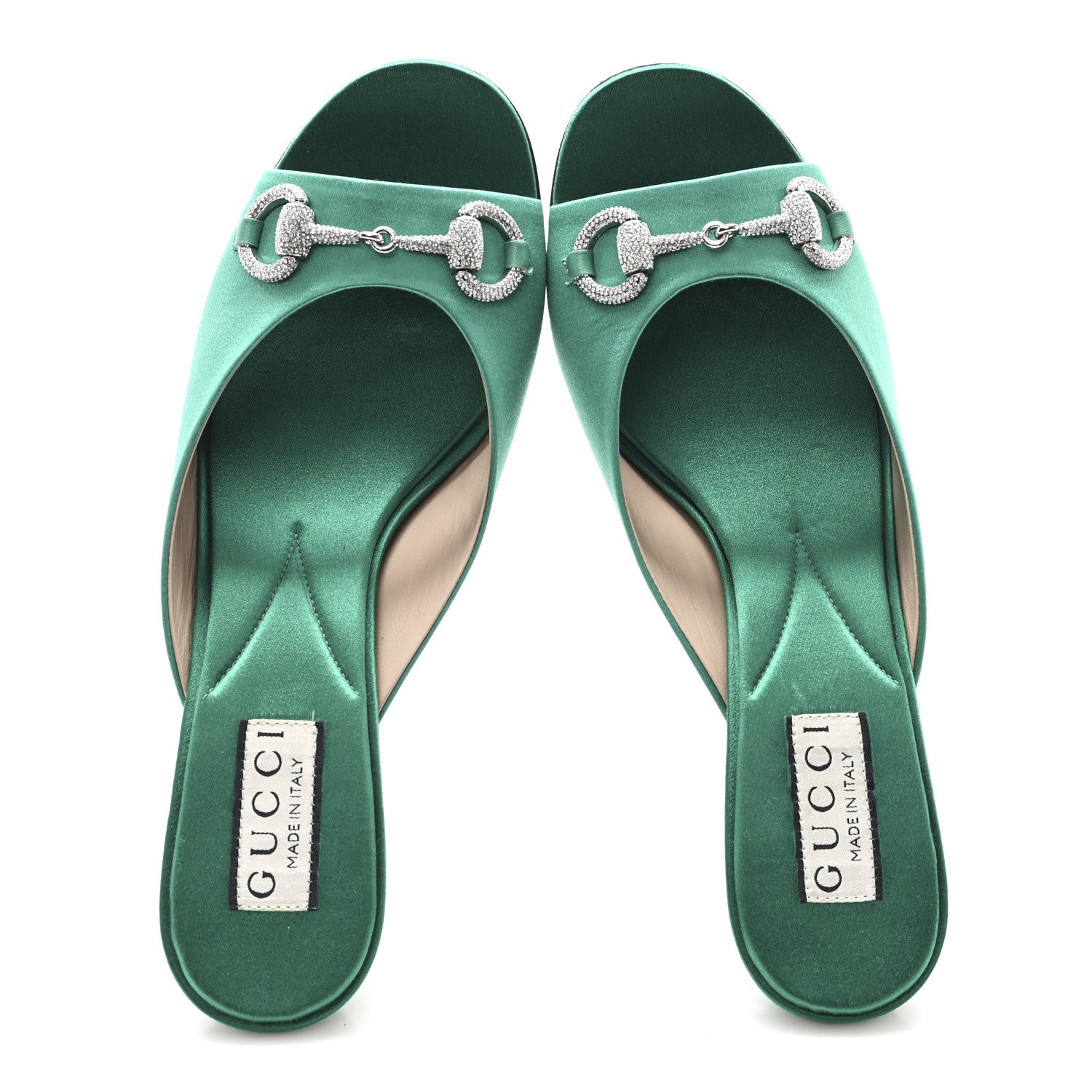 Gucci Raso Seta Malaga Kid Crystal Horsebit Sandals 37.5 Jade Caribbean Green