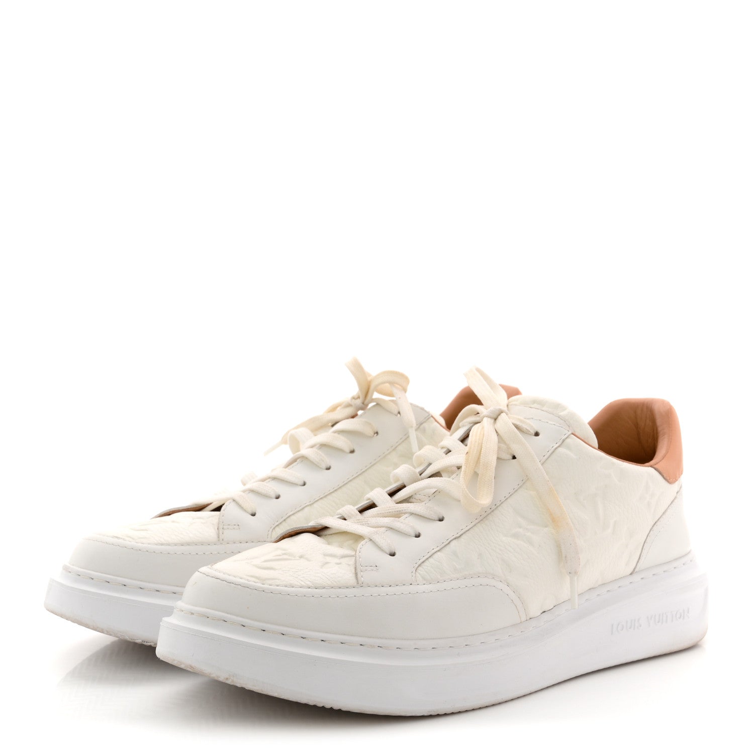 Louis Vuitton Grained Calfskin Embossed Monogram Mens Beverly Hills Sneakers 8.5 White