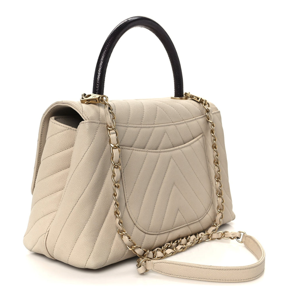 Chanel Caviar Lizard Embossed Chevron Quilted Small Coco Handle Flap Beige