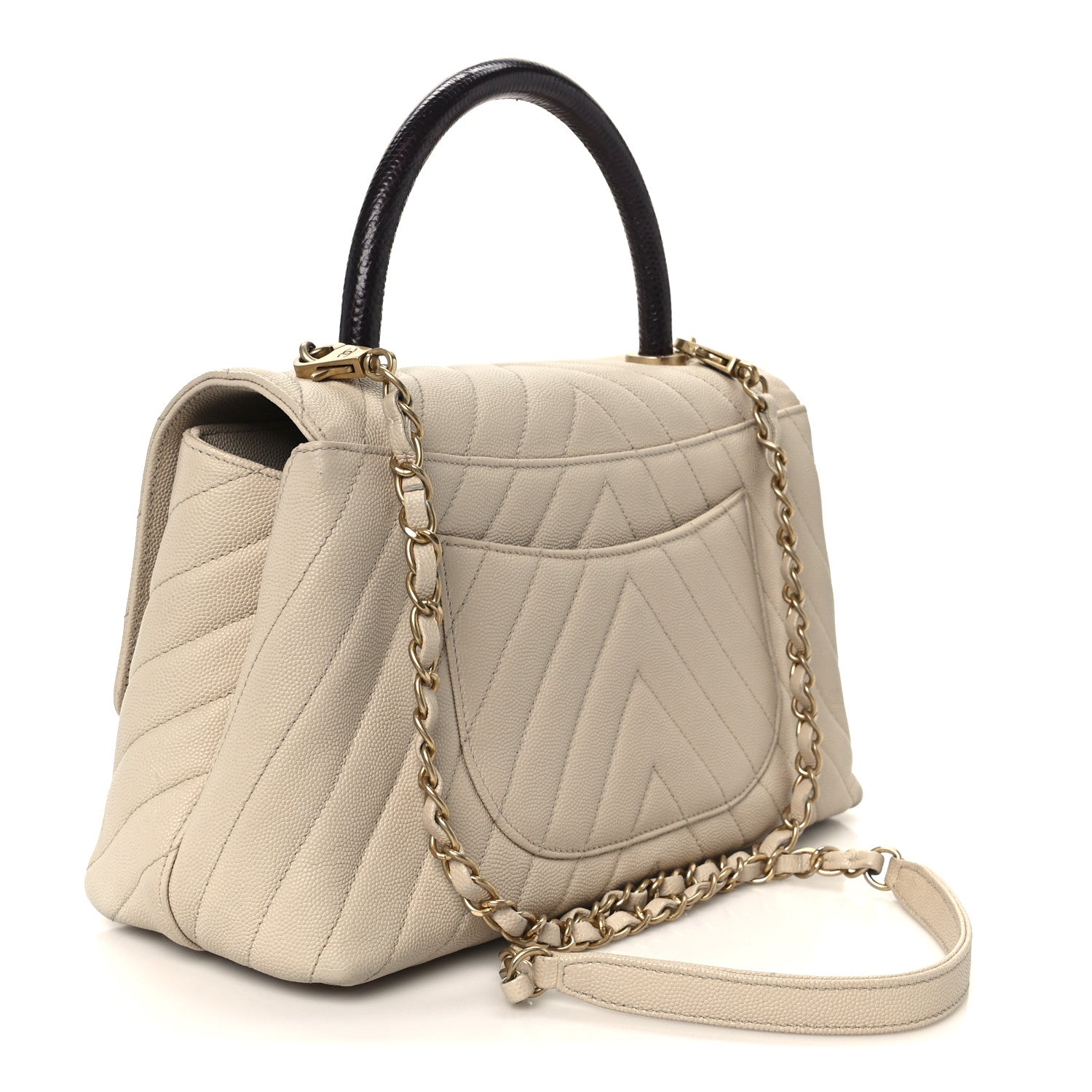 Chanel Caviar Lizard Embossed Chevron Quilted Small Coco Handle Flap Beige