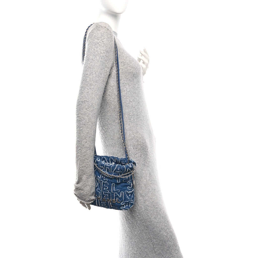 Chanel Washed Denim Logo Embroidered Mini Chanel 22 Blue