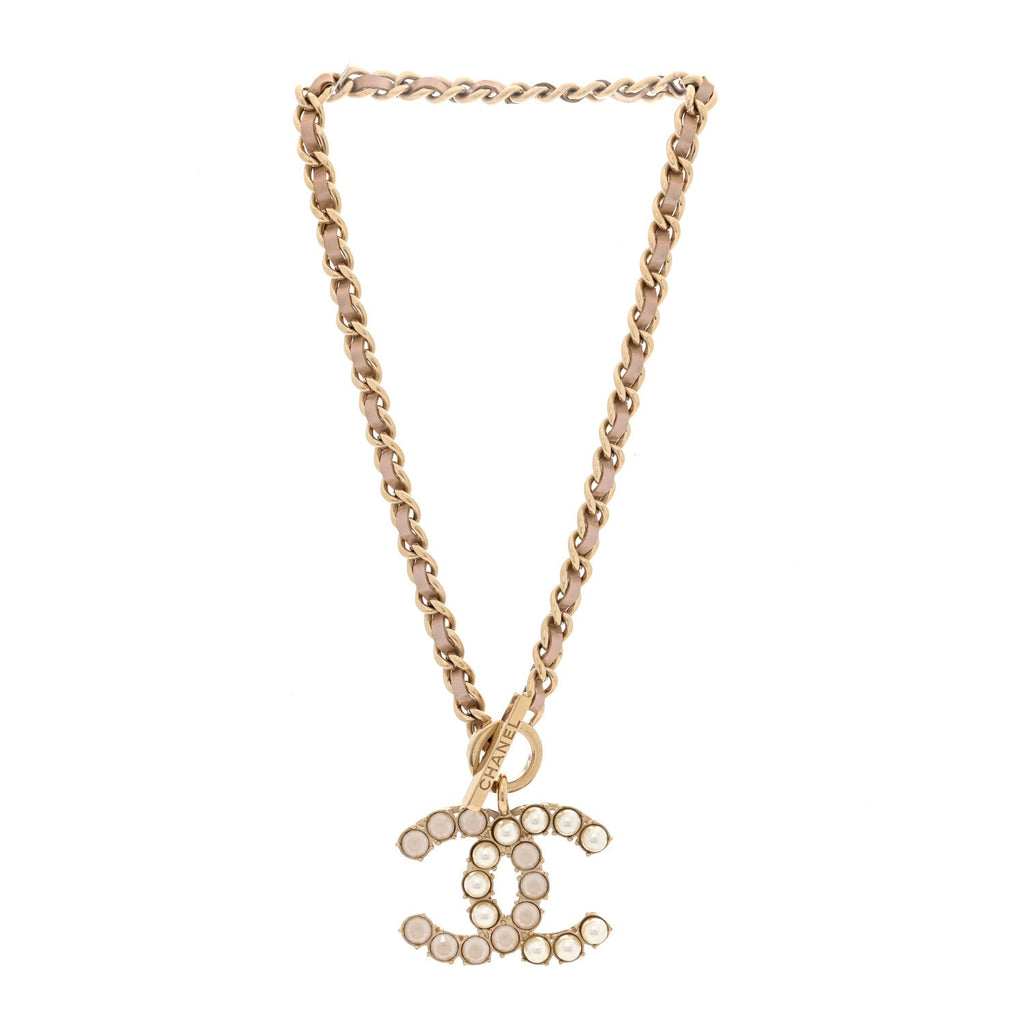 Pearl Crystal Lambskin Chain CC Dazzling Domino Necklace White Gold Pink