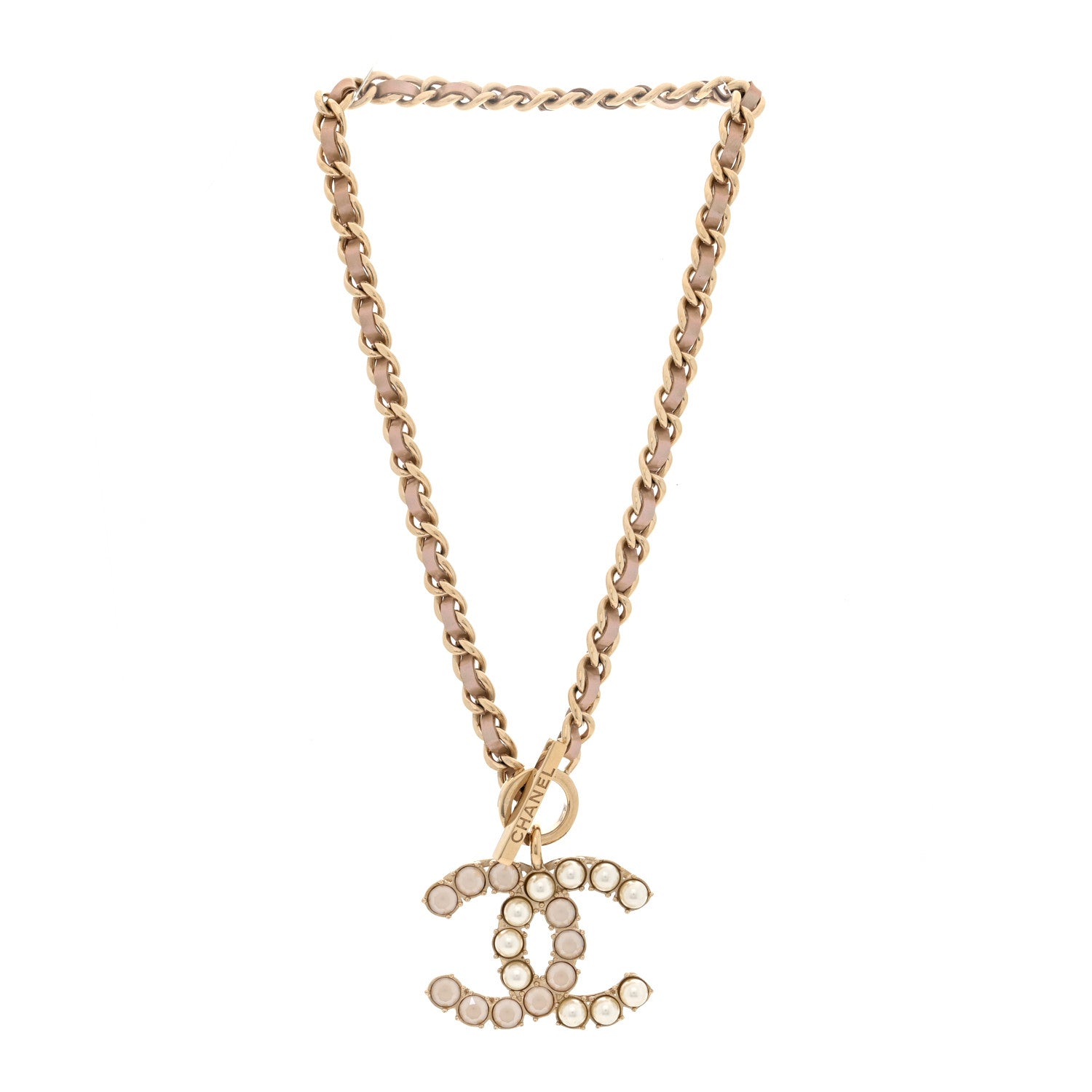 Pearl Crystal Lambskin Chain CC Dazzling Domino Necklace White Gold Pink