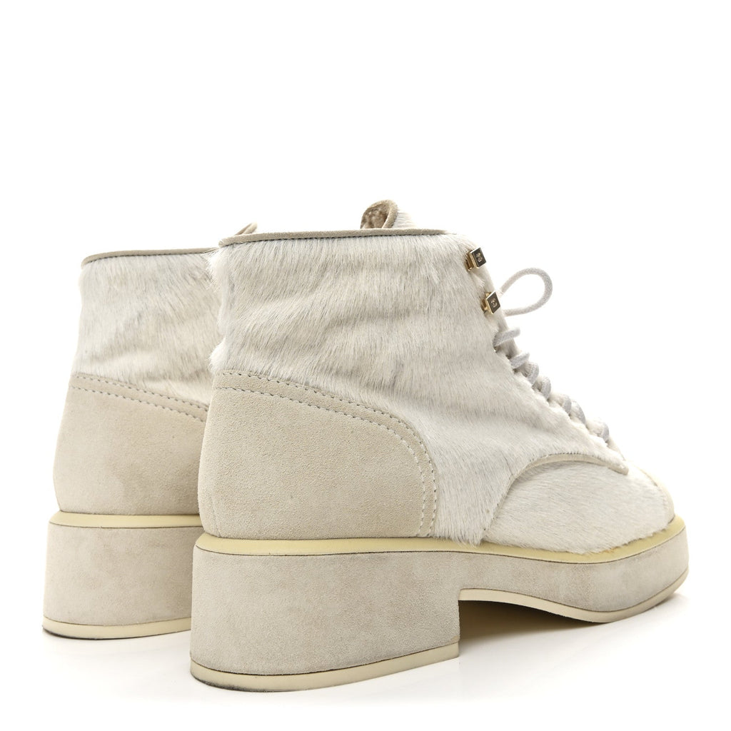 Chanel Suede Pony Hair Shearling Lace Up Combat Boots 37.5 White Black