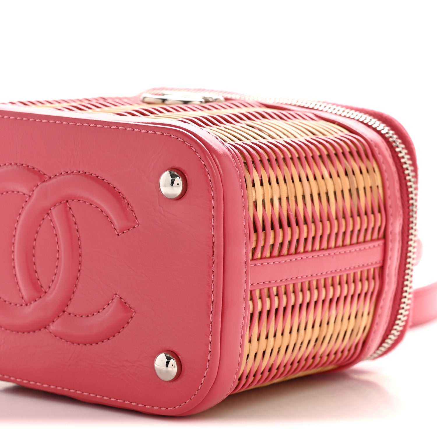 Chanel Calfskin Raffia Small Take Away Vanity Case Bag Pink Beige