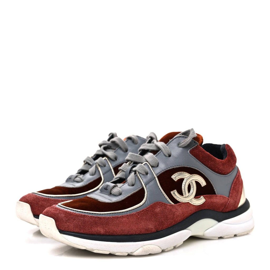 Chanel Suede Velvet Lambskin CC Sneakers 36 Burgundy Grey